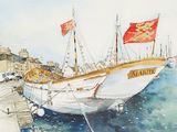 a watercolor painting of a boat docked in a harbor
