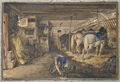 a painting of a man tending to horses in a barn