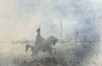 un tableau représentant un homme à cheval dans l'eau