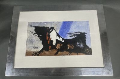 tableau représentant un homme à cheval, avec un chien au premier plan
