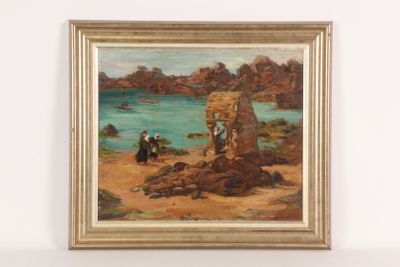 an oil painting of a beach scene with people on the shore