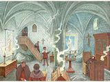 painting of a group of people in a room with a staircase