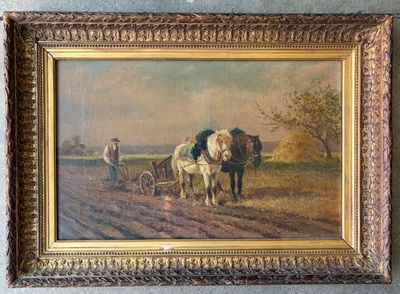 a painting of two horses pulling a plow in a field