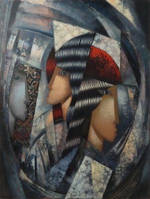 une peinture à l'huile représentant une femme coiffée d'une coiffe rouge, vue dans un miroir