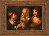 an old painting of a man with two children and a man holding a book