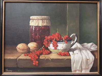 une peinture représentant un pot de confiture et un bol de baies posés sur une table