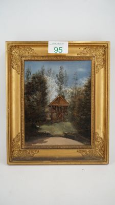 an oil painting of a cabin in a wooded area with trees