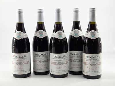 six bottles of red wine are lined up on a white surface