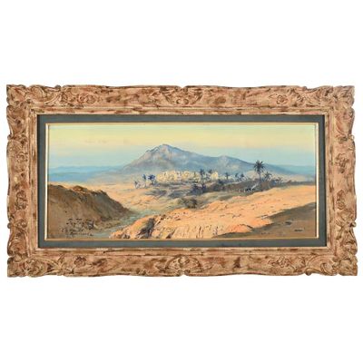 une image représentant un tableau représentant une scène désertique avec une montagne en arrière-plan