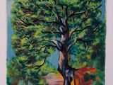 an oil painting of a tree on a path in the woods