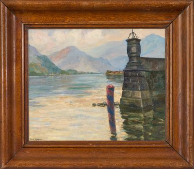 an oil painting of a lighthouse on the shore of a body of water
