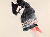 drawing of a woman in a black dress and red tights