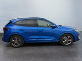 the rear end of a blue car parked in a parking lot