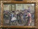 un tableau représentant un groupe de personnes en train de danser dans une salle de bal