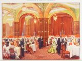 a picture of a painting of a banquet in a hotel