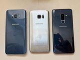 three samsung galaxy s9 and s9e are shown in three different colors