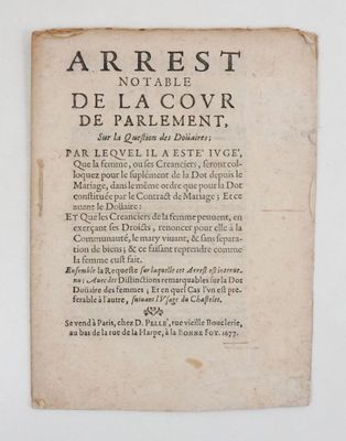 Droit du mariage. Arrest notable de la Cour de Parlement, su…