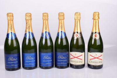 six bottles of champagne are lined up in a row