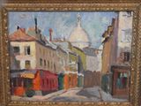 an oil painting of a street scene with buildings and a dome in the background