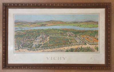 painting of a view of a city with a lake and mountains in the background