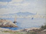 a painting of a view of a bay with sailboats in the water