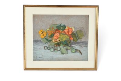 peinture d'une nature morte de fleurs dans un vase sur une table