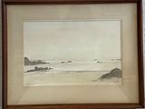 framed watercolor painting of a beach scene with rocks in the distance