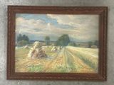 an oil painting of a farm scene with hay bales in the foreground