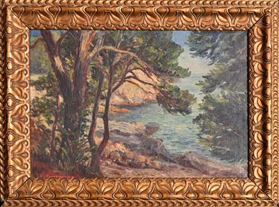 une photo d'un tableau représentant un arbre au bord de l'eau
