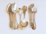 a lot of silver spoons and forks on the table