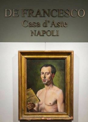 un tableau représentant un homme tenant un livre devant un mur
