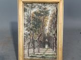 un tableau représentant une scène de forêt avec des arbres au premier plan