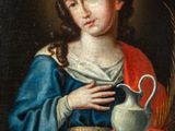 an image of a painting of a woman holding a plate with a pitcher on it