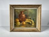 une photo d'un tableau représentant une nature morte avec des bananes et des oranges