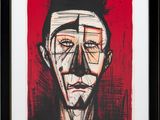 une image représentant un tableau représentant le visage d'un homme sur fond rouge