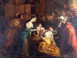 une image représentant une peinture d'une crèche avec un bébé dans la crèche