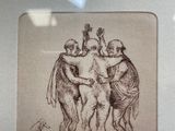 a drawing of a group of men standing around each other