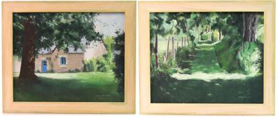 two paintings of a house and a tree in a field