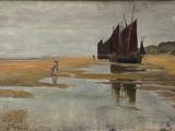 a painting of a man standing on a beach with a boat in the water
