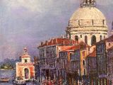 an oil painting of a view of a canal with a church in the background