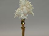 a gold vase with a white flower inside of it