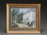 painting of a house with a garden in front of it