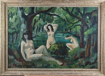 un tableau représentant trois nus dans un environnement boisé