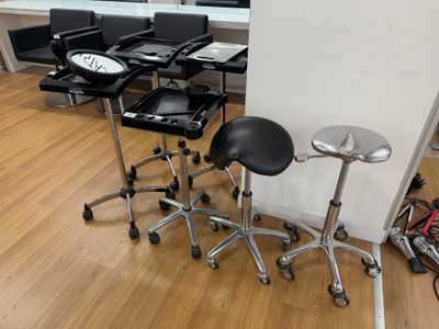 un bureau avec une chaise et un tabouret au milieu de la pièce