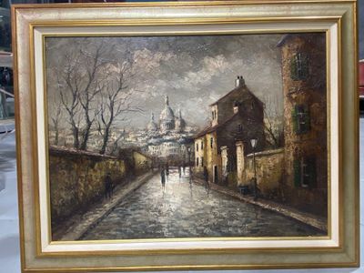 an oil painting of a street scene with a person walking down the street