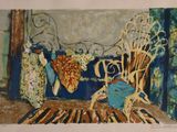 a picture of a painting of a chair and a cat