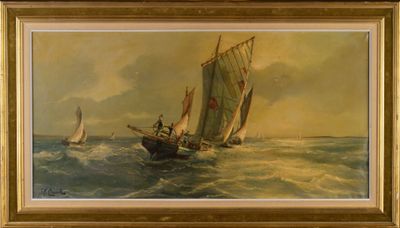 une peinture à l'huile représentant un voilier en mer, avec d'autres bateaux en arrière-plan