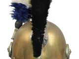 a gold helmet with a red, white, and blue mohawk on it