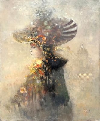 une peinture à l'huile représentant une femme portant un grand chapeau et des fleurs dans les cheveux