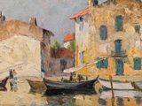 a painting of a boat on the water in front of a building